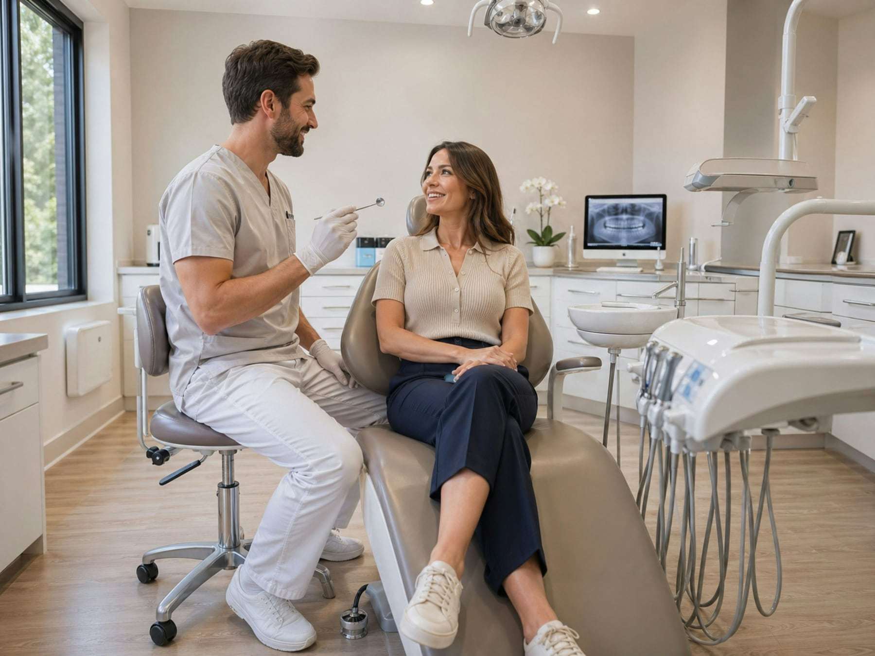 A dentist chatting with a patient in a bright treatment room