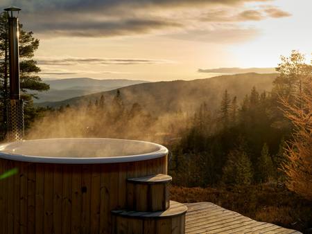Steam rising from a wooden hot tub at sunset over the trees