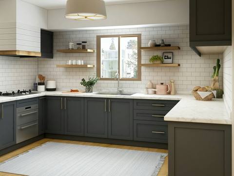 A kitchen with dark green cabinets and open shelves