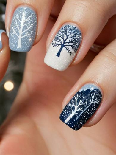 Pale blue nails with hand-painted white winter trees