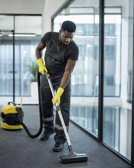 A cleaner vacuuming an office between glass partitions