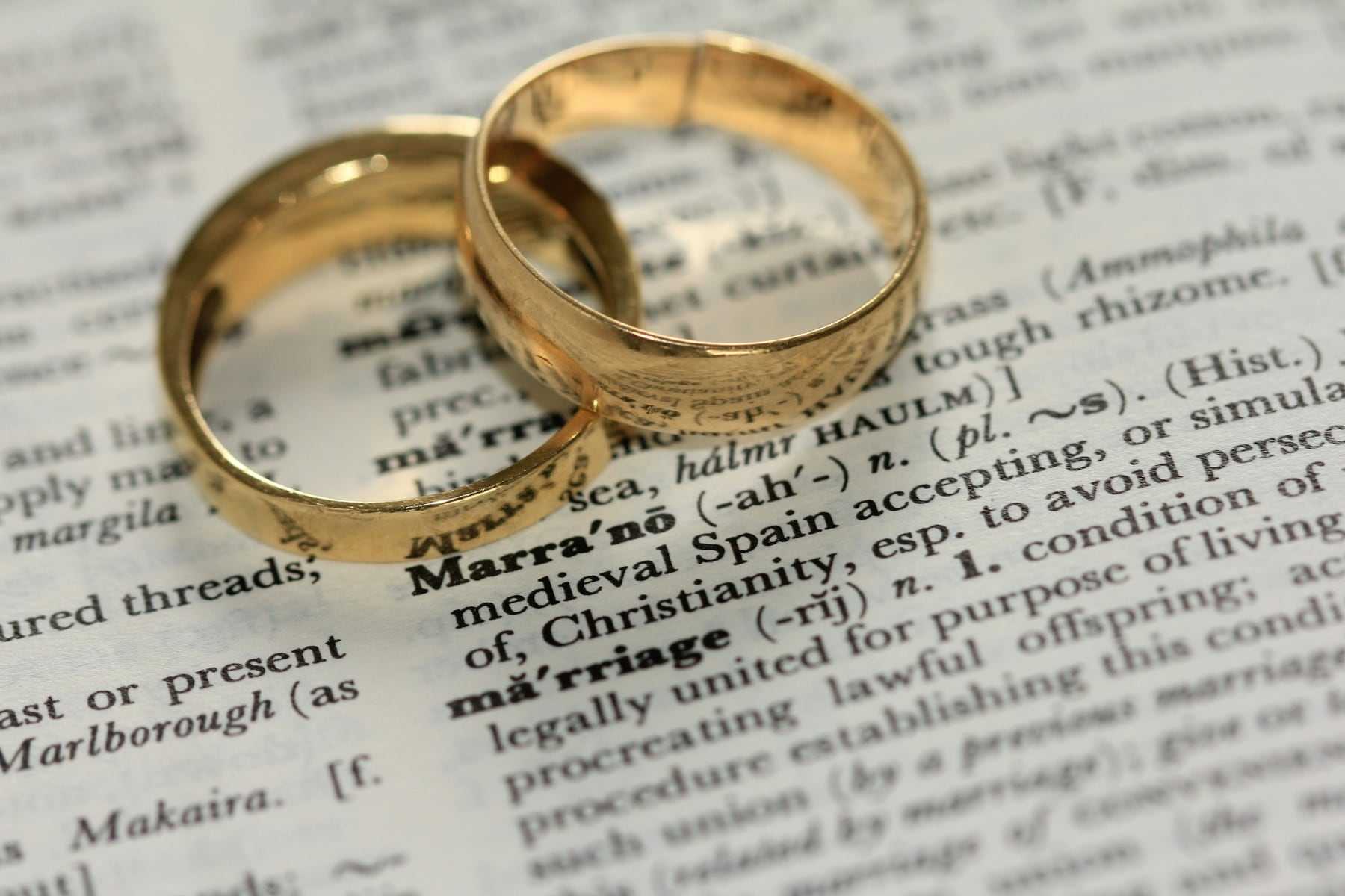 Two gold wedding rings resting on an open book