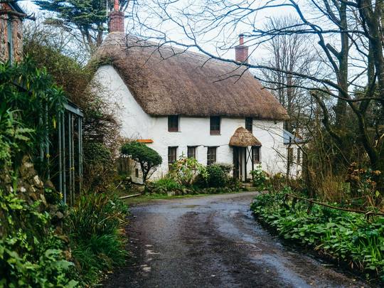 A white thatched cottage beside a winding lane