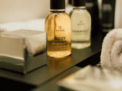 Amber glass bottles of bath products