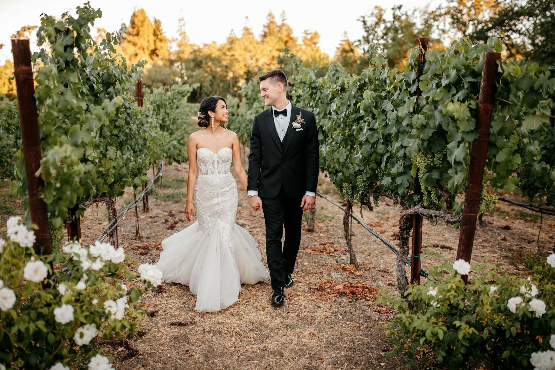 Newlyweds walking between rows of vines